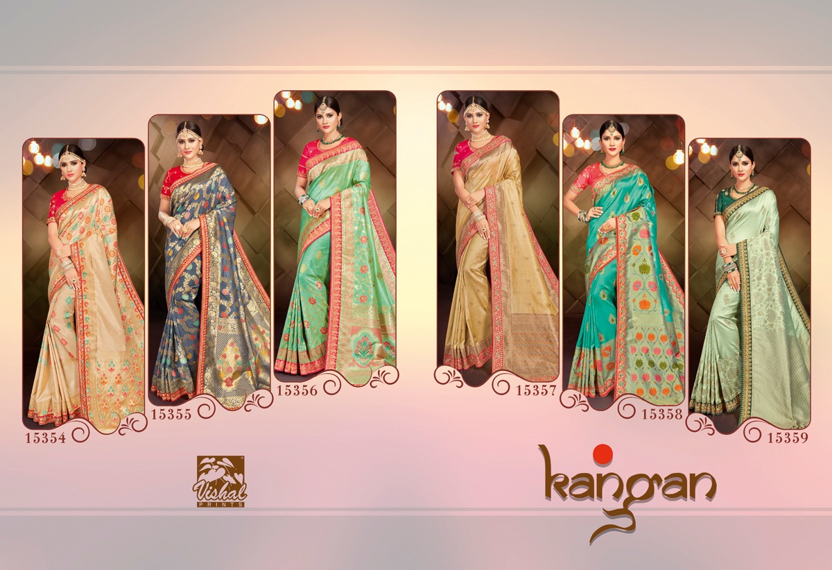 Kangan By Vishal Print 15354 To 15359 Series Indian Traditional Wear Collection Beautiful Stylish Fancy Colorful Party Wear & Occasional Wear Silk Sarees At Wholesale Price