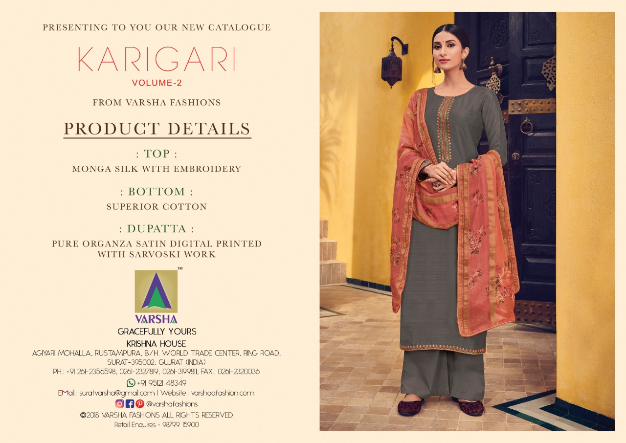 Karigari Vol-2 By Varsha Fashion 101 To 108 Series Beautiful Pakistani Suits Colorful Fancy Stylish Casual Wear & Ethnic Wear Monga Silk With Embroidered Dresses At Wholesale Price