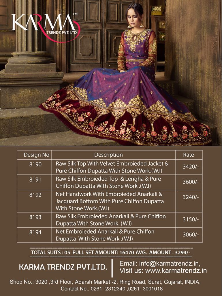 Karma 8190 Series By Karma Trendz 8190 To 8194 Series Designer Wedding Collection Beautiful Fancy Colorful Party Wear & Occasional Wear Raw Silk/ Net Embroidered Dresses At Wholesale Price