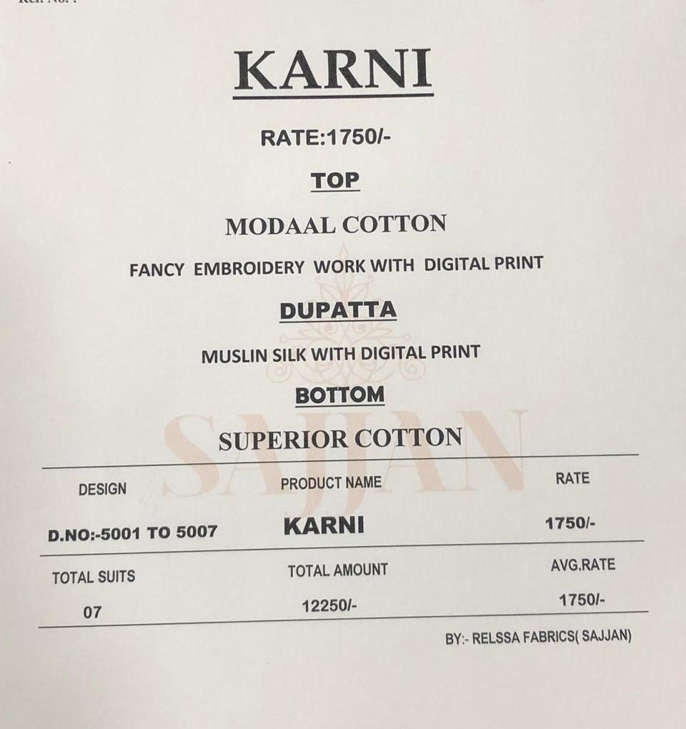 Karni By Relssa Fabric 5001 To 5007 Series Suits Beautiful Stylish Fancy Colorful Party Wear & Occasional Wear Modal Cotton Embroidered Dresses At Wholesale Price