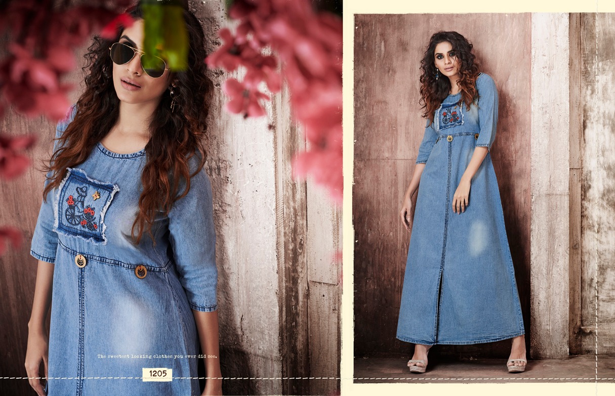 Stock Kyara By Kajree Fashion 1200 To 1209 Seires Beautiful Stylish Fancy Colorful Casual Wear & Ethnic Wear & Ready To Wear Denim Gown With Embroidery Gown At Wholesale Price