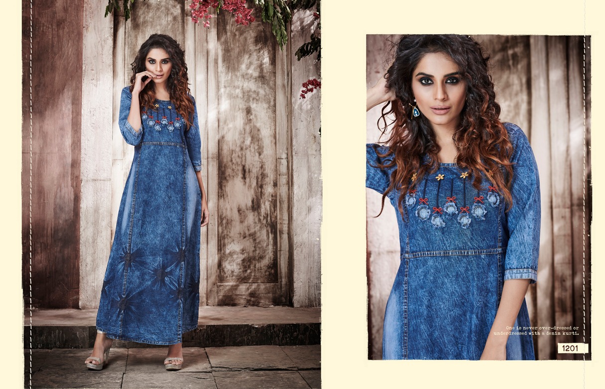 Stock Kyara By Kajree Fashion 1200 To 1209 Seires Beautiful Stylish Fancy Colorful Casual Wear & Ethnic Wear & Ready To Wear Denim Gown With Embroidery Gown At Wholesale Price
