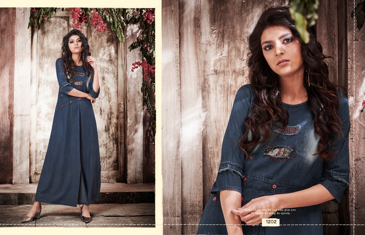 Stock Kyara By Kajree Fashion 1200 To 1209 Seires Beautiful Stylish Fancy Colorful Casual Wear & Ethnic Wear & Ready To Wear Denim Gown With Embroidery Gown At Wholesale Price