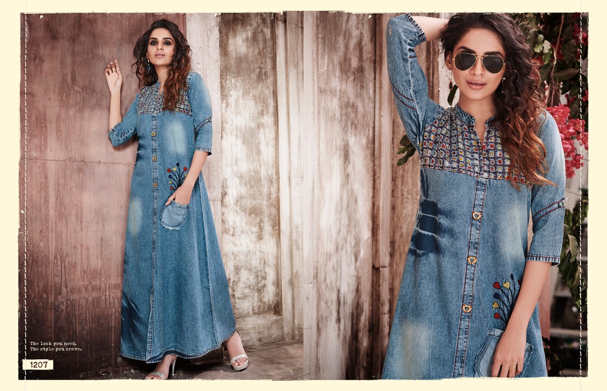Stock Kyara By Kajree Fashion 1200 To 1209 Seires Beautiful Stylish Fancy Colorful Casual Wear & Ethnic Wear & Ready To Wear Denim Gown With Embroidery Gown At Wholesale Price
