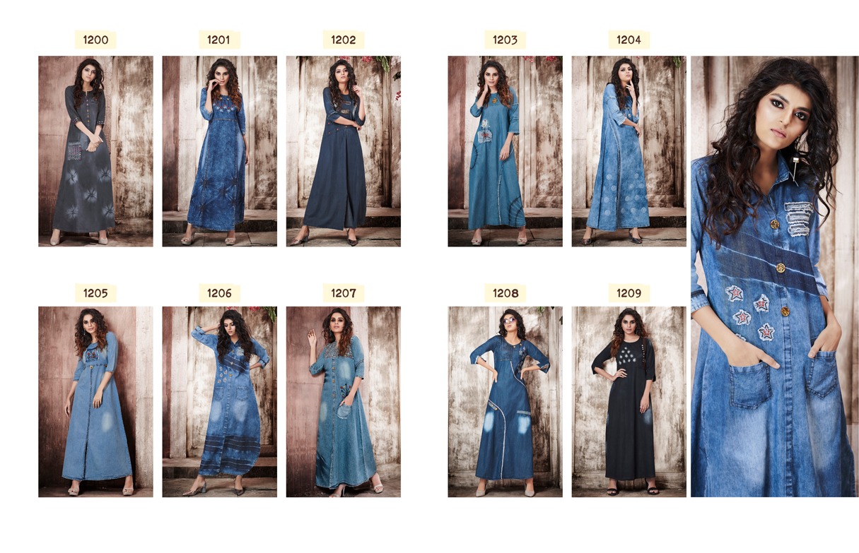 Stock Kyara By Kajree Fashion 1200 To 1209 Seires Beautiful Stylish Fancy Colorful Casual Wear & Ethnic Wear & Ready To Wear Denim Gown With Embroidery Gown At Wholesale Price