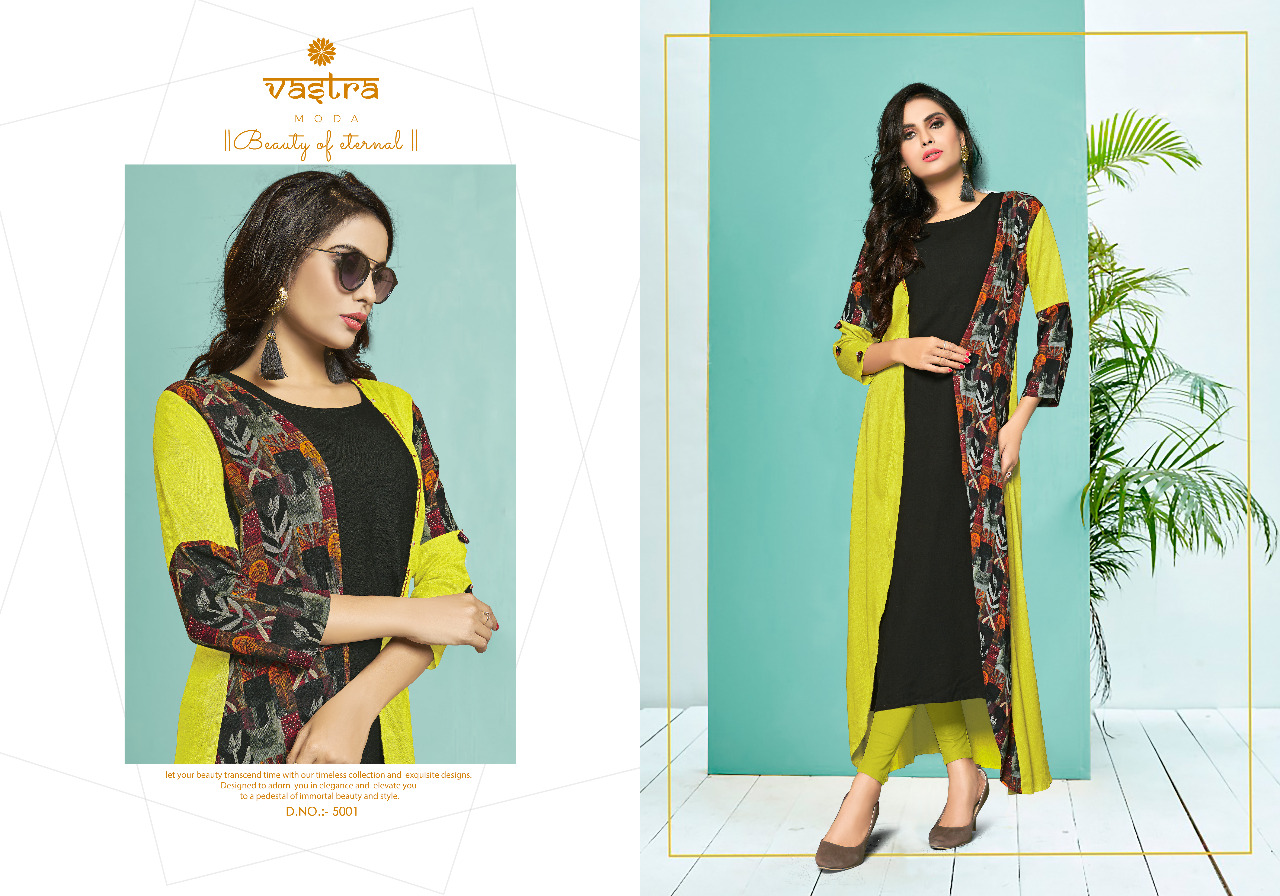 Kaayra Vol-1 By Vastra Moda 5001 To 5006 Series Beautiful Colorful Stylish Fancy Casual Wear & Ethnic Wear & Ready To Wear Premium Rayon Flex Printed Kurtis At Wholesale Price
