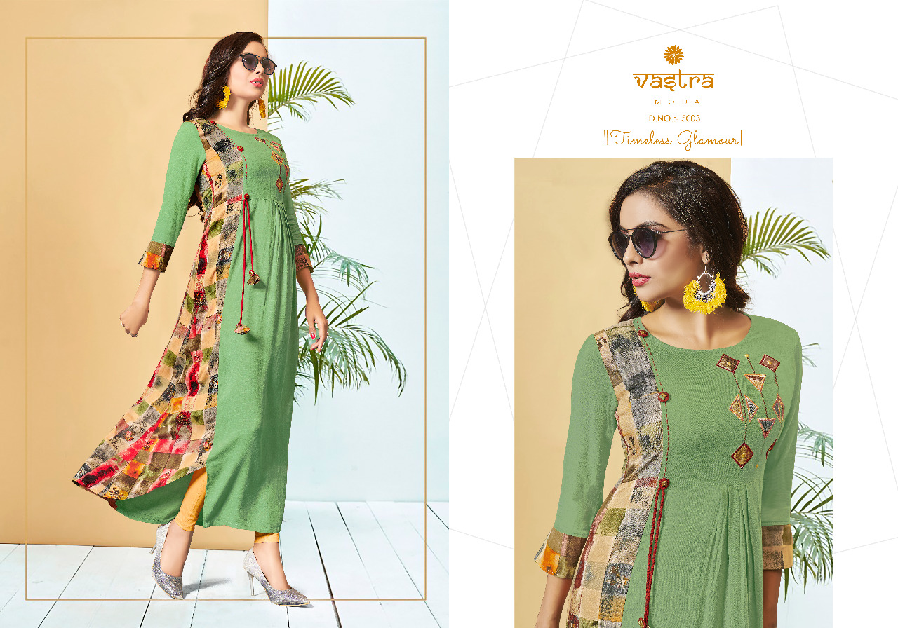 Kaayra Vol-1 By Vastra Moda 5001 To 5006 Series Beautiful Colorful Stylish Fancy Casual Wear & Ethnic Wear & Ready To Wear Premium Rayon Flex Printed Kurtis At Wholesale Price