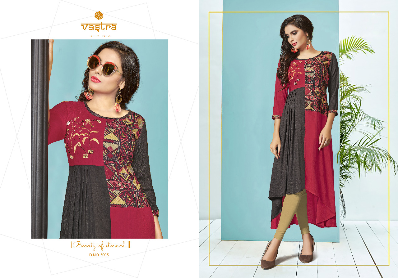Kaayra Vol-1 By Vastra Moda 5001 To 5006 Series Beautiful Colorful Stylish Fancy Casual Wear & Ethnic Wear & Ready To Wear Premium Rayon Flex Printed Kurtis At Wholesale Price