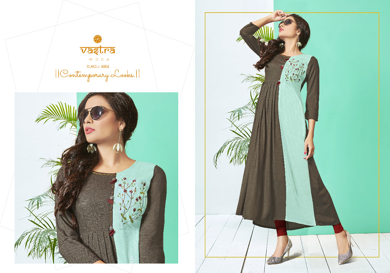 Kaayra Vol-1 By Vastra Moda 5001 To 5006 Series Beautiful Colorful Stylish Fancy Casual Wear & Ethnic Wear & Ready To Wear Premium Rayon Flex Printed Kurtis At Wholesale Price