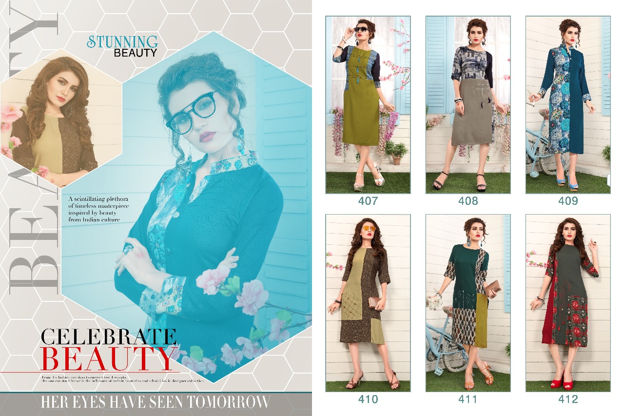 Kayra By Gallberry 407 To 412 Series Beautiful Stylish Fancy Colorful Casual Wear & Ethnic Wear & Ready To Wear Rayon Printed Kurtis At Wholesale Price