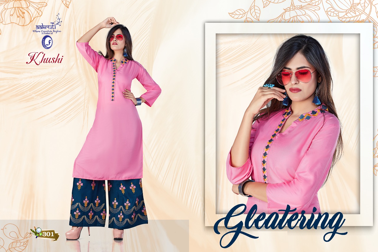 Khushi By Aakruti 301 To 310 Series Beautiful Stylish Colorful Fancy Party Wear & Ethnic Wear & Ready To Wear Rayon Kurtis With Bottom At Wholesale Price