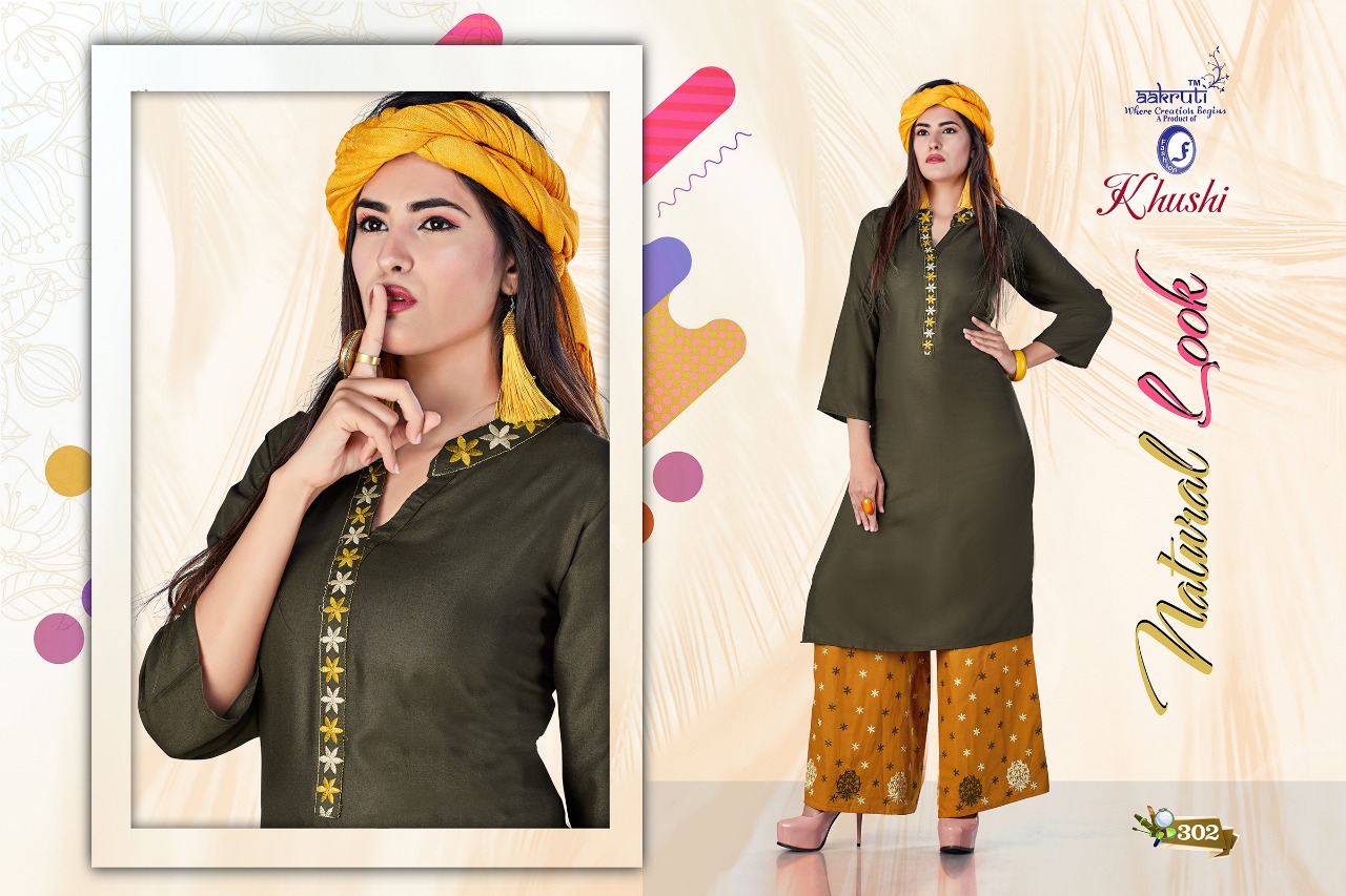 Khushi By Aakruti 301 To 310 Series Beautiful Stylish Colorful Fancy Party Wear & Ethnic Wear & Ready To Wear Rayon Kurtis With Bottom At Wholesale Price