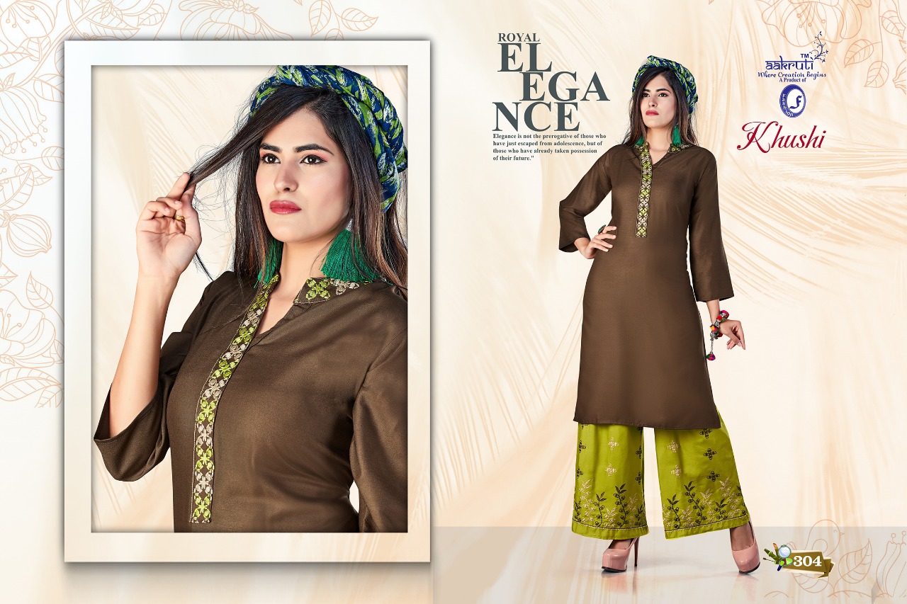 Khushi By Aakruti 301 To 310 Series Beautiful Stylish Colorful Fancy Party Wear & Ethnic Wear & Ready To Wear Rayon Kurtis With Bottom At Wholesale Price