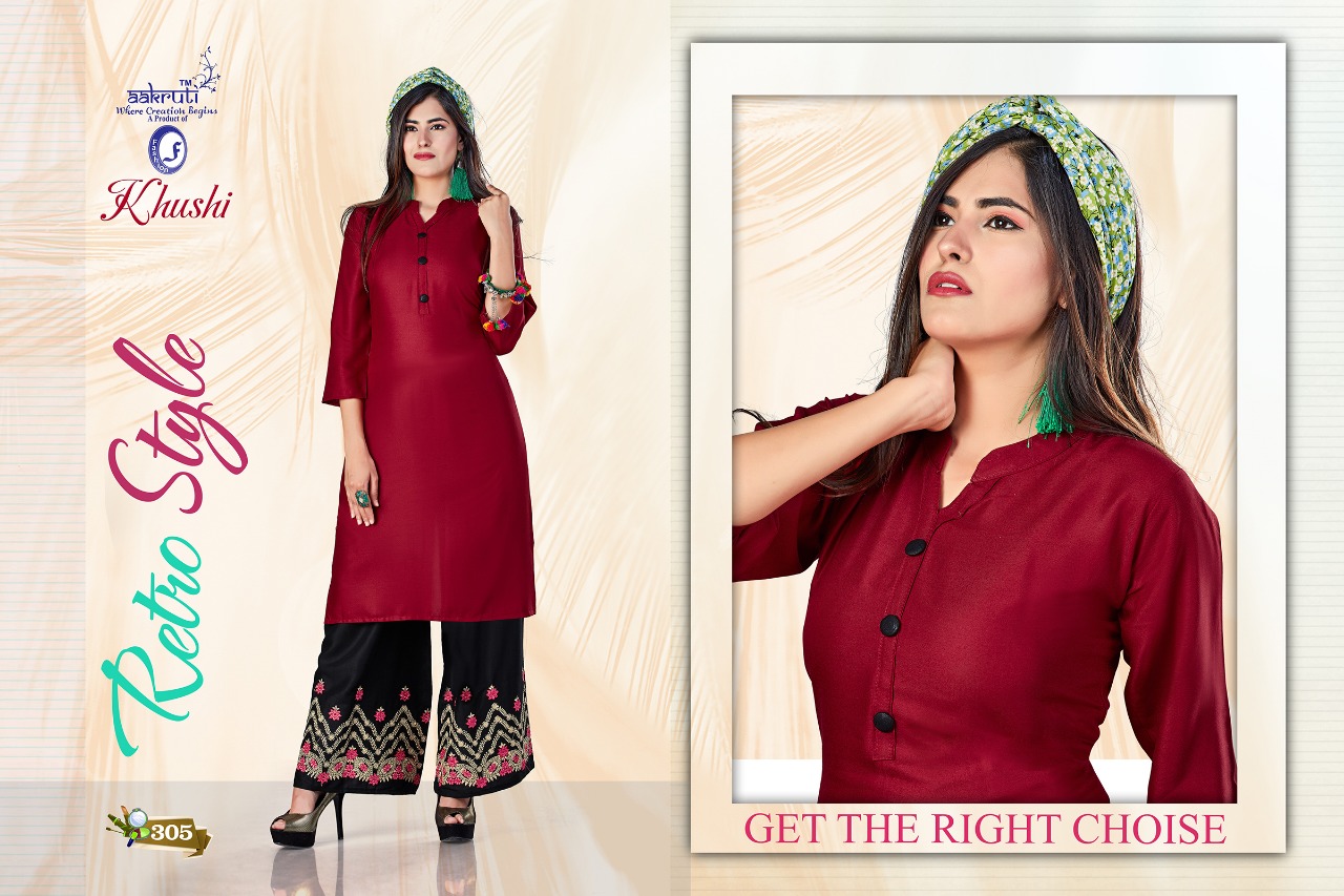 Khushi By Aakruti 301 To 310 Series Beautiful Stylish Colorful Fancy Party Wear & Ethnic Wear & Ready To Wear Rayon Kurtis With Bottom At Wholesale Price