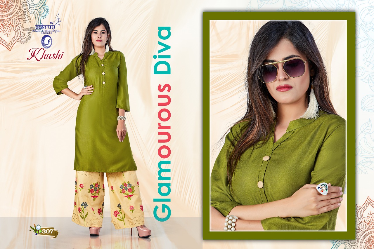 Khushi By Aakruti 301 To 310 Series Beautiful Stylish Colorful Fancy Party Wear & Ethnic Wear & Ready To Wear Rayon Kurtis With Bottom At Wholesale Price