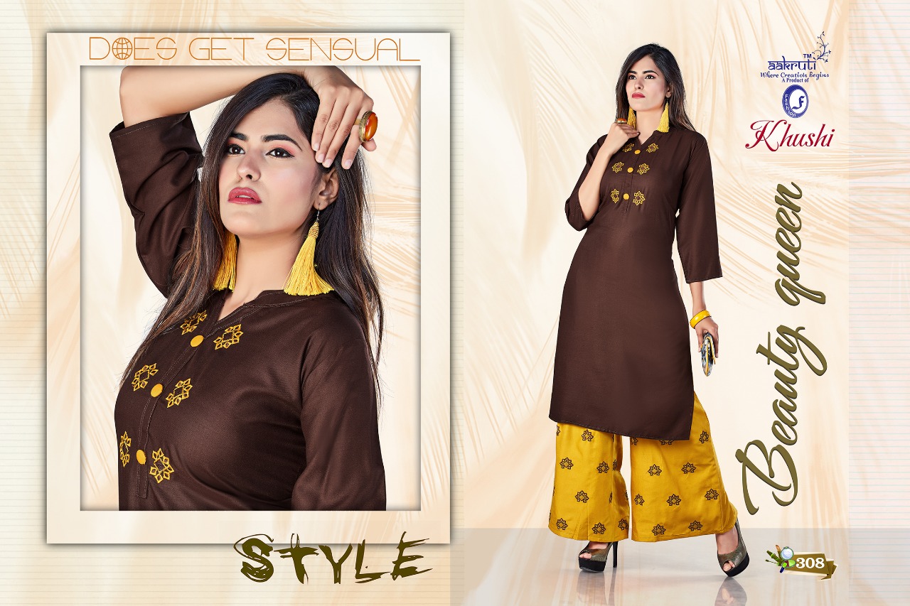 Khushi By Aakruti 301 To 310 Series Beautiful Stylish Colorful Fancy Party Wear & Ethnic Wear & Ready To Wear Rayon Kurtis With Bottom At Wholesale Price