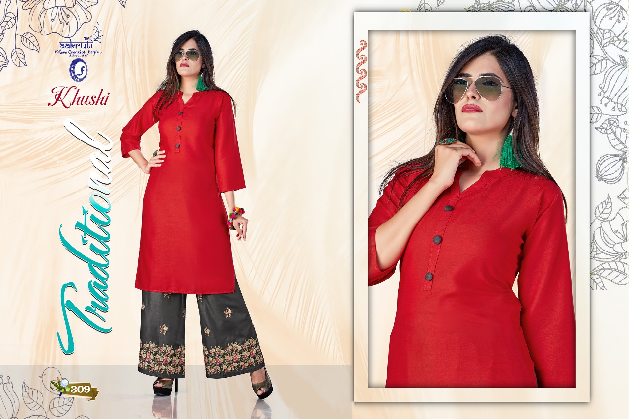 Khushi By Aakruti 301 To 310 Series Beautiful Stylish Colorful Fancy Party Wear & Ethnic Wear & Ready To Wear Rayon Kurtis With Bottom At Wholesale Price