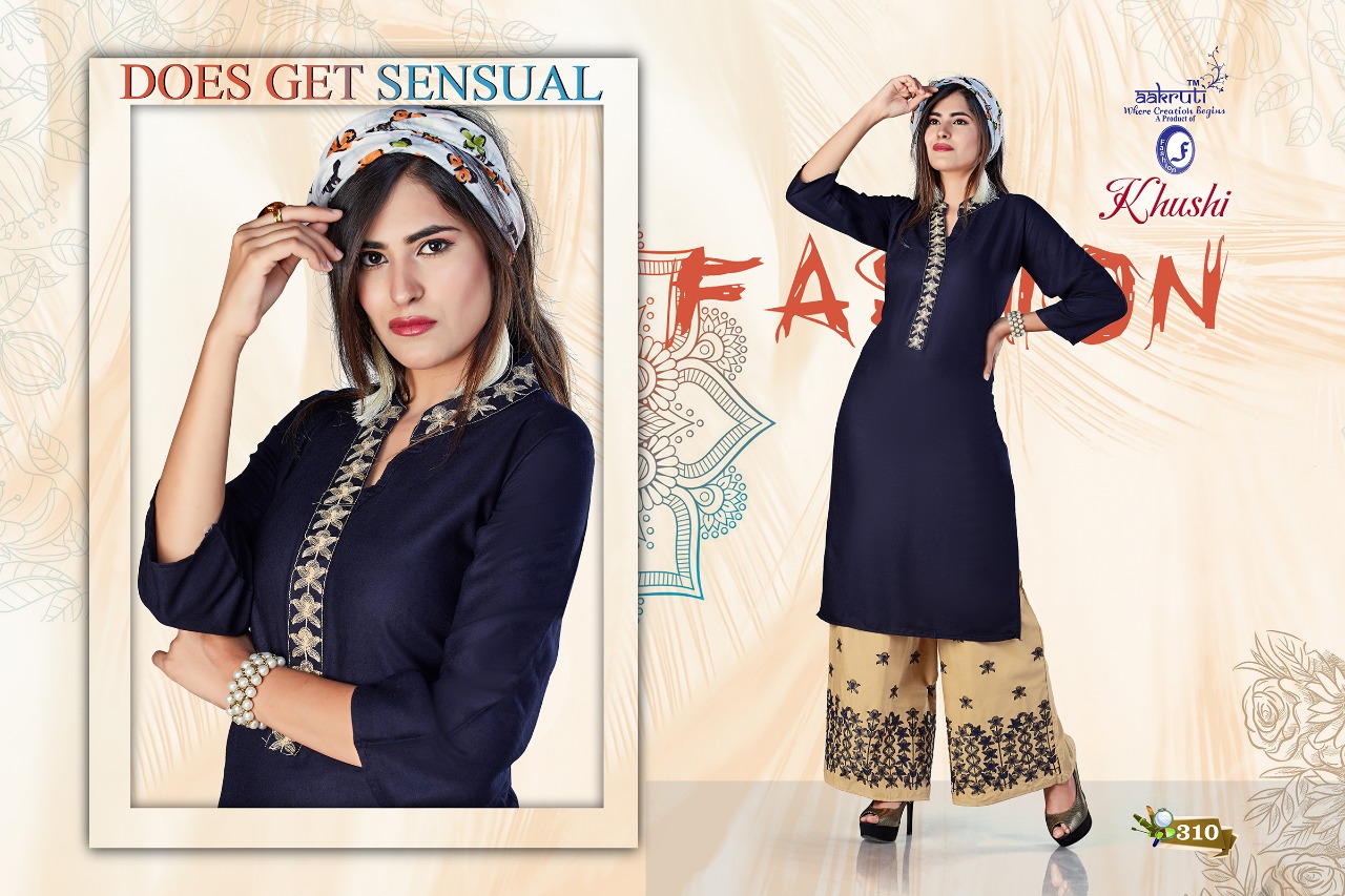 Khushi By Aakruti 301 To 310 Series Beautiful Stylish Colorful Fancy Party Wear & Ethnic Wear & Ready To Wear Rayon Kurtis With Bottom At Wholesale Price