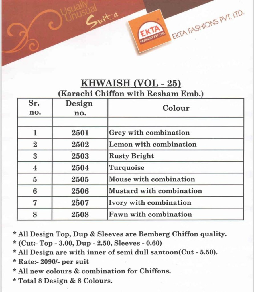 Khwaish Vol-25 By Ekta Fashion 2501 To 2508 Series Beautiful Winter Collection Suits Stylish Fancy Colorful Casual Wear & Ethnic Wear Bemberg Chiffon Dresses At Wholesale Price