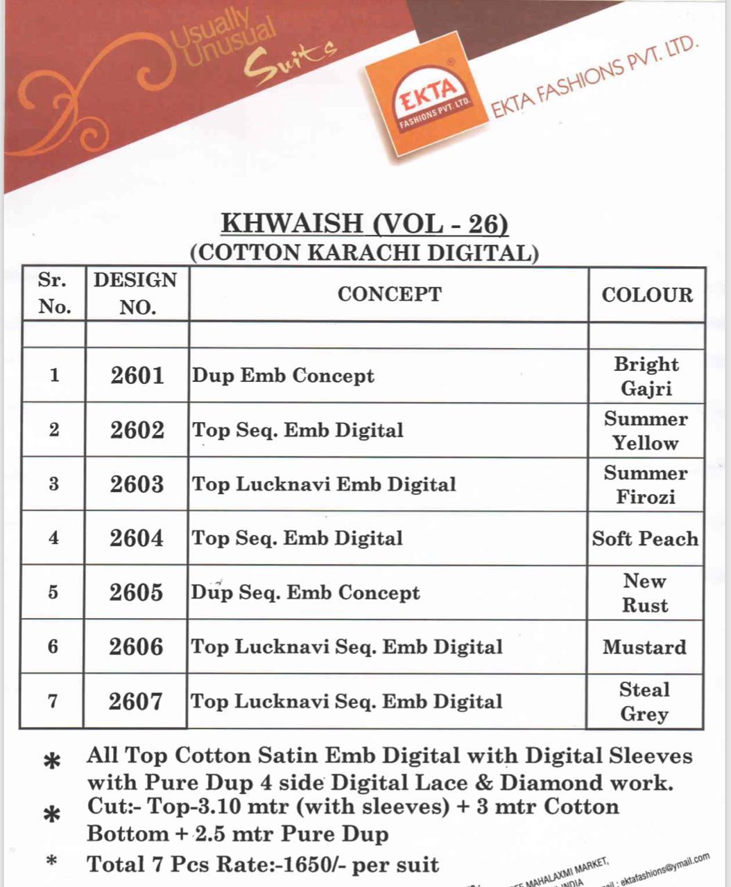 Khwaish Vol-26 By Ekta Fashion 2601 To 2607 Series Beautiful Winter Collection Suits Stylish Fancy Colorful Casual Wear & Ethnic Wear Cotton Satin Embroidered Dresses At Wholesale Price