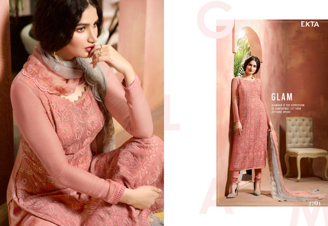 Khwaish Vol-27 By Ekta Fashion 2701 To 2708 Series Beautiful Winter Collection Suits Stylish Fancy Colorful Casual Wear & Ethnic Wear Pure Bemberg Chiffon Embroidered Dresses At Wholesale Price