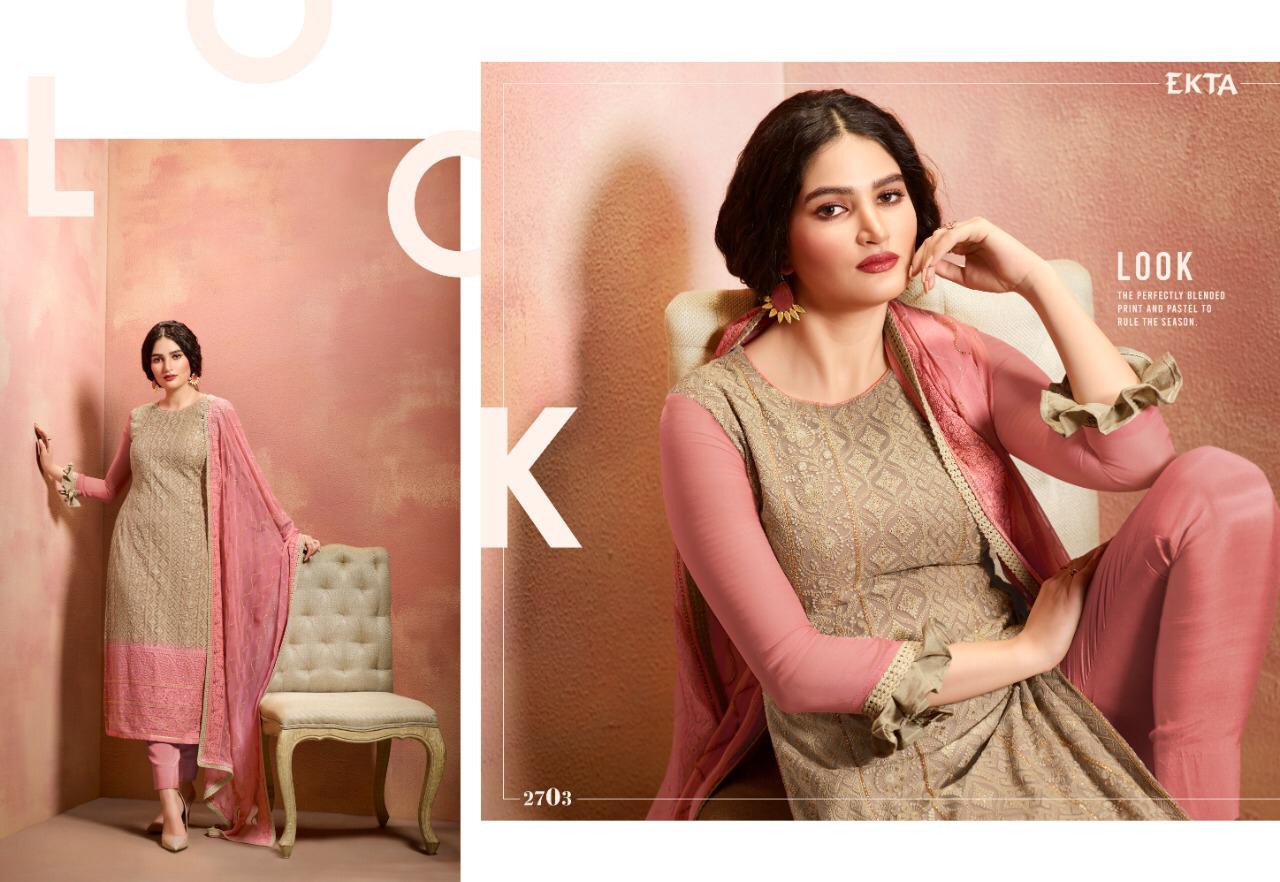 Khwaish Vol-27 By Ekta Fashion 2701 To 2708 Series Beautiful Winter Collection Suits Stylish Fancy Colorful Casual Wear & Ethnic Wear Pure Bemberg Chiffon Embroidered Dresses At Wholesale Price