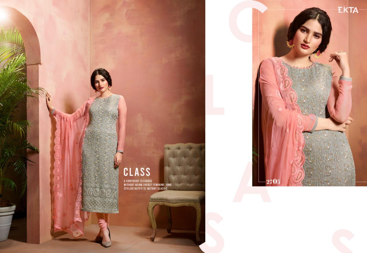 Khwaish Vol-27 By Ekta Fashion 2701 To 2708 Series Beautiful Winter Collection Suits Stylish Fancy Colorful Casual Wear & Ethnic Wear Pure Bemberg Chiffon Embroidered Dresses At Wholesale Price