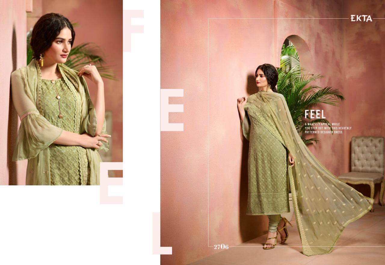 Khwaish Vol-27 By Ekta Fashion 2701 To 2708 Series Beautiful Winter Collection Suits Stylish Fancy Colorful Casual Wear & Ethnic Wear Pure Bemberg Chiffon Embroidered Dresses At Wholesale Price