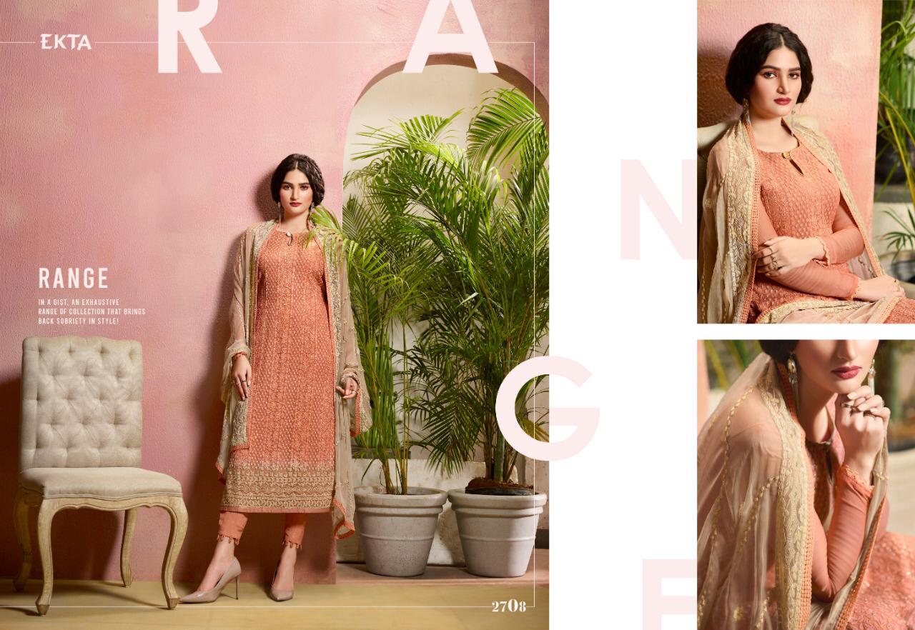 Khwaish Vol-27 By Ekta Fashion 2701 To 2708 Series Beautiful Winter Collection Suits Stylish Fancy Colorful Casual Wear & Ethnic Wear Pure Bemberg Chiffon Embroidered Dresses At Wholesale Price