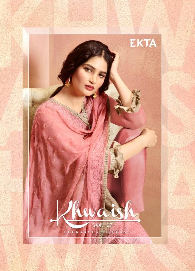 Khwaish Vol-27 By Ekta Fashion 2701 To 2708 Series Beautiful Winter Collection Suits Stylish Fancy Colorful Casual Wear & Ethnic Wear Pure Bemberg Chiffon Embroidered Dresses At Wholesale Price
