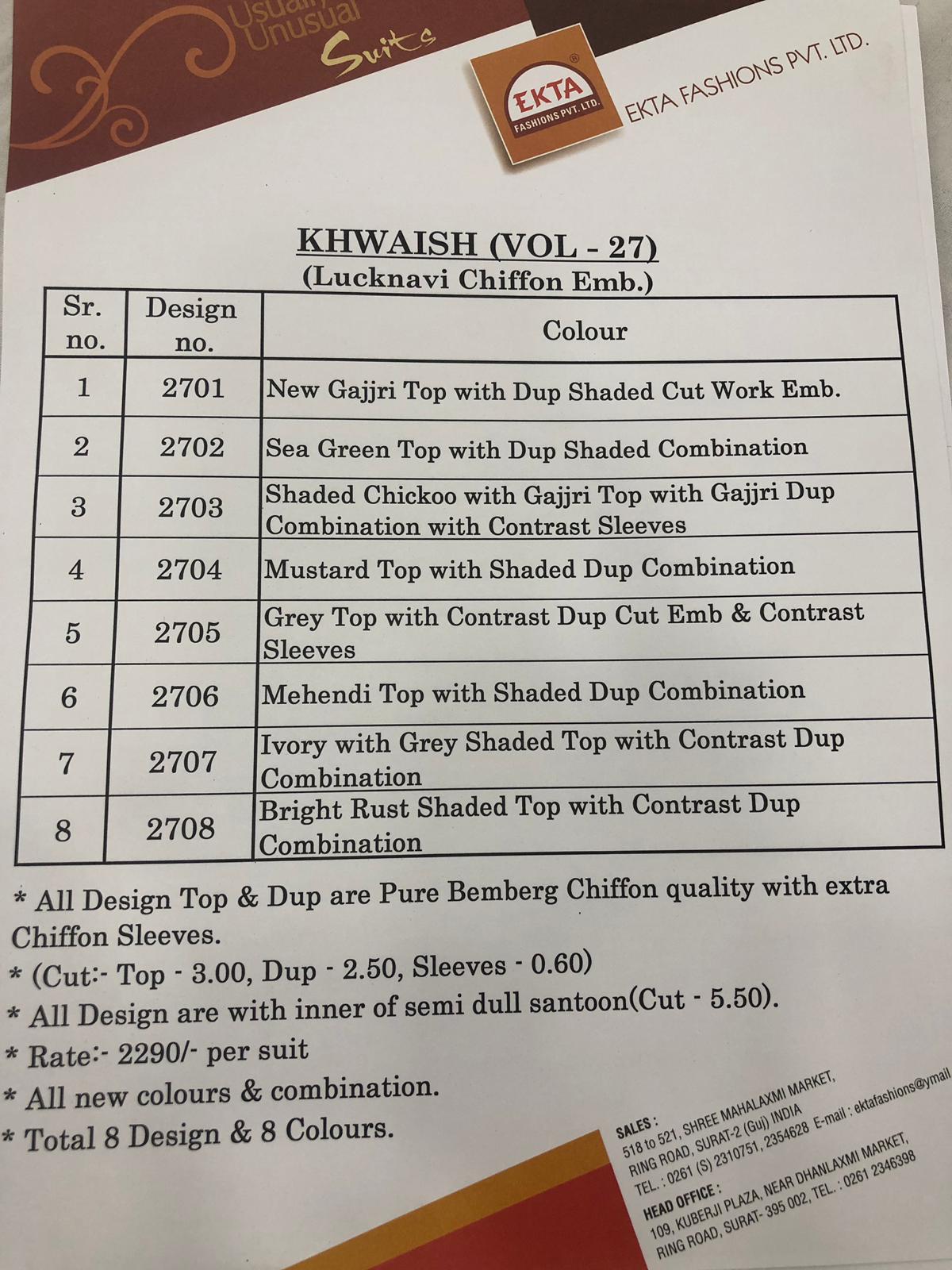 Khwaish Vol-27 By Ekta Fashion 2701 To 2708 Series Beautiful Winter Collection Suits Stylish Fancy Colorful Casual Wear & Ethnic Wear Pure Bemberg Chiffon Embroidered Dresses At Wholesale Price
