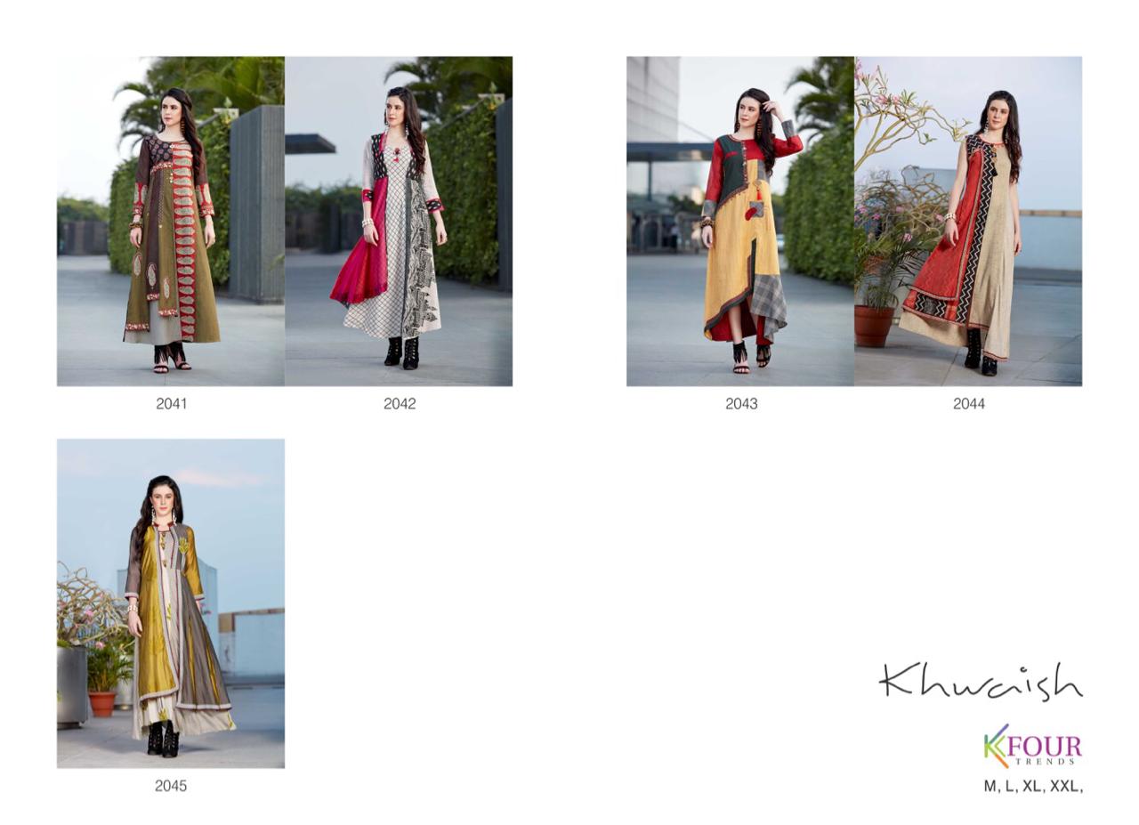 Khwaish By Kfour Trends 2041 To 2045 Series Beautiful Colorful Stylish Fancy Casual Wear & Ethnic Wear & Ready To Wear Heavy Rayon/ Muslin/ Chanderi Kurtis At Wholesale Price