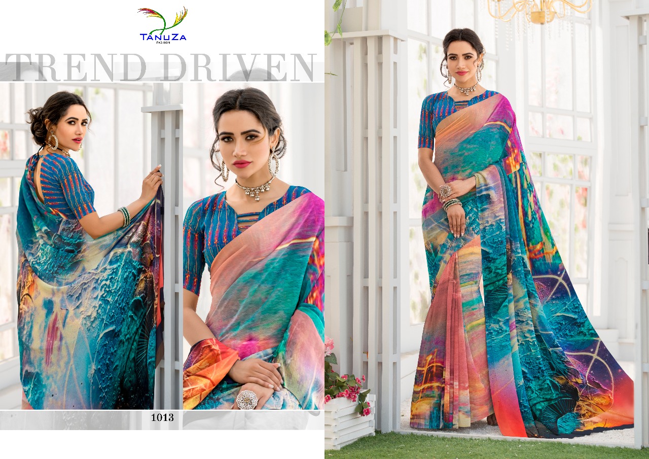 Kisu By Tanuza Fashion 1011 To 1021 Series Indian Traditional Wear Collection Beautiful Stylish Fancy Colorful Party Wear & Occasional Wear Georgette Digital Printed Sarees At Wholesale Price