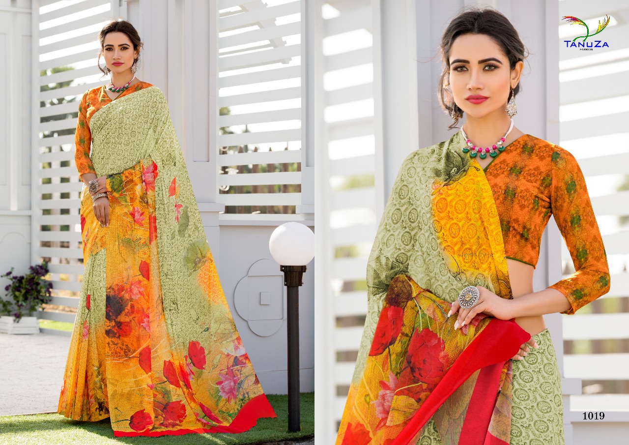 Kisu By Tanuza Fashion 1011 To 1021 Series Indian Traditional Wear Collection Beautiful Stylish Fancy Colorful Party Wear & Occasional Wear Georgette Digital Printed Sarees At Wholesale Price