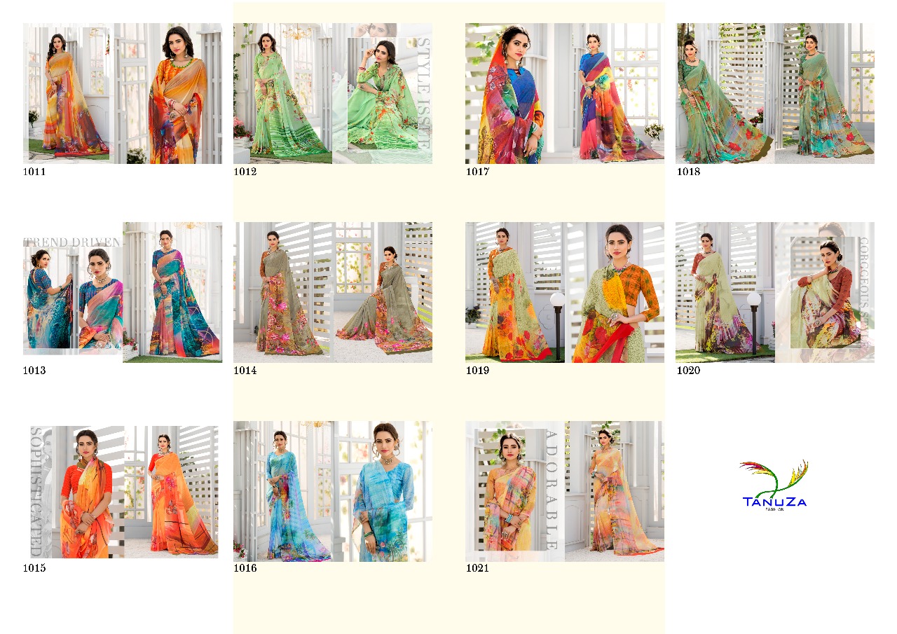 Kisu By Tanuza Fashion 1011 To 1021 Series Indian Traditional Wear Collection Beautiful Stylish Fancy Colorful Party Wear & Occasional Wear Georgette Digital Printed Sarees At Wholesale Price