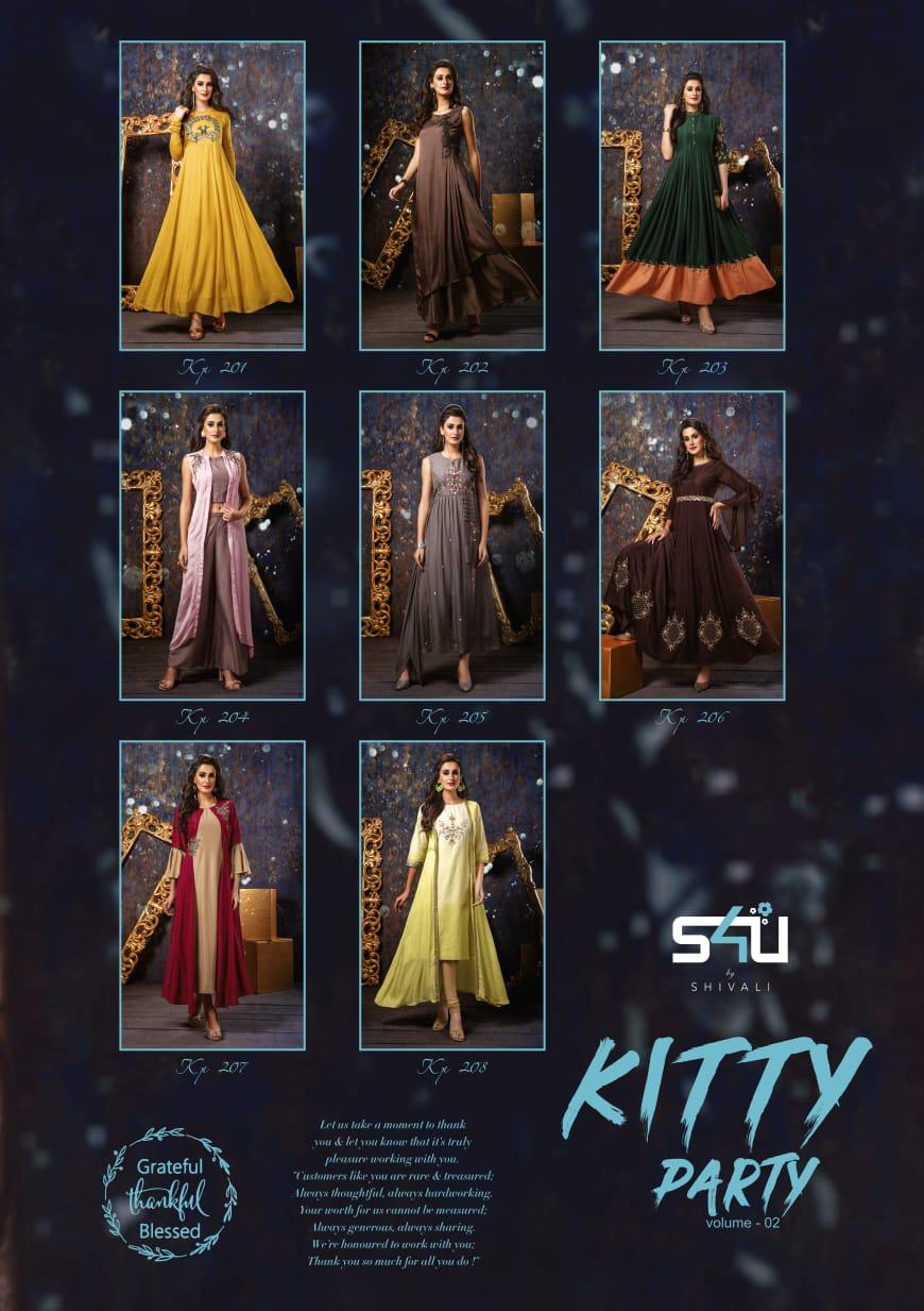 Kitty Party Vol-2 By S4u Fashion 201 To 208 Series Designer Beautiful Colorful Stylish Fancy Party Wear & Ethnic Wear & Ready To Wear Rayon Silk Embroidered Kurtis At Wholesale Price