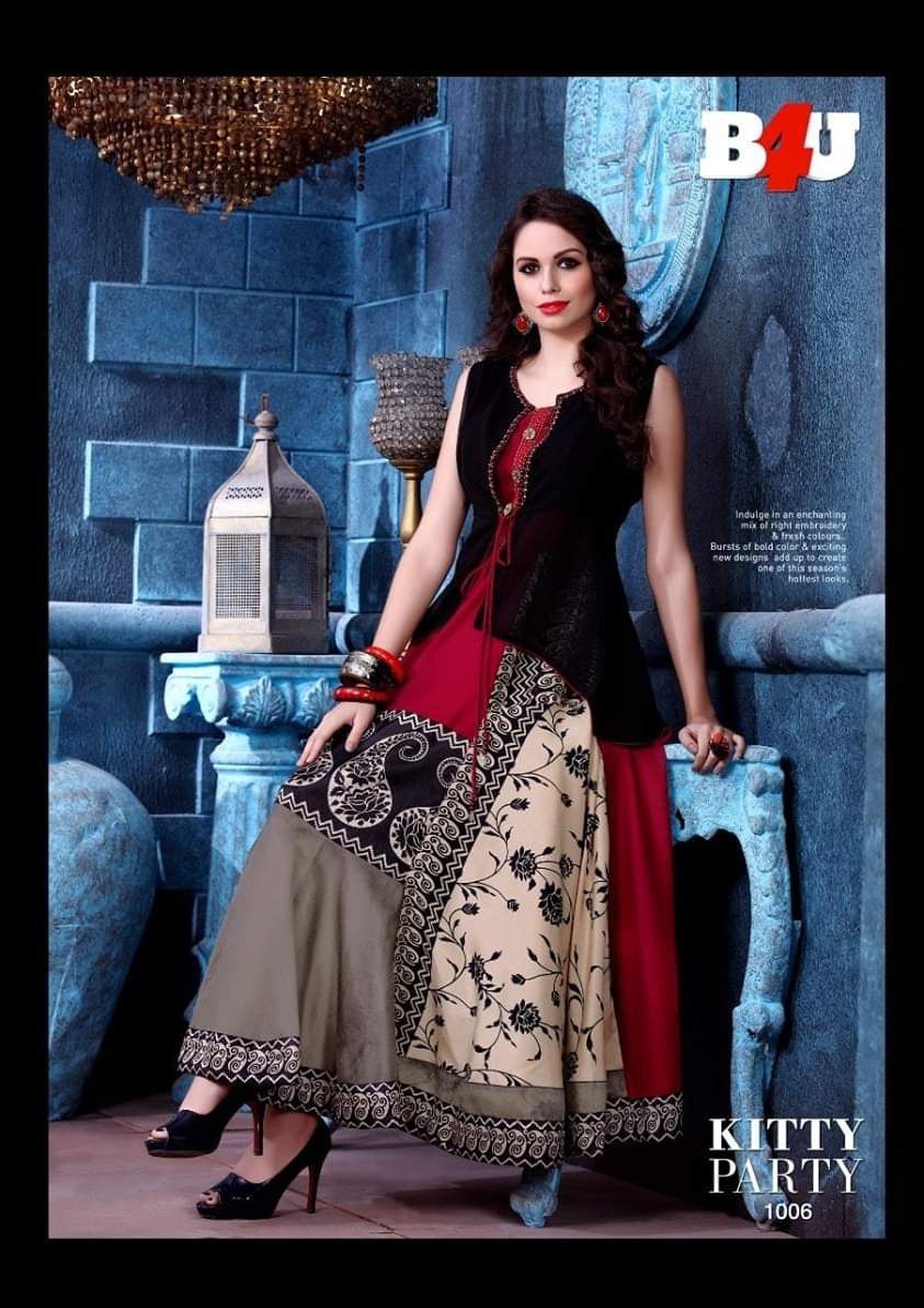 Kitty Party By B4u 1001 To 1007 Series Beautiful Colorful Stylish Fancy Casual Wear & Ethnic Wear & Ready To Wear Fancy Silk Cotton Printed Kurtis At Wholesale Price