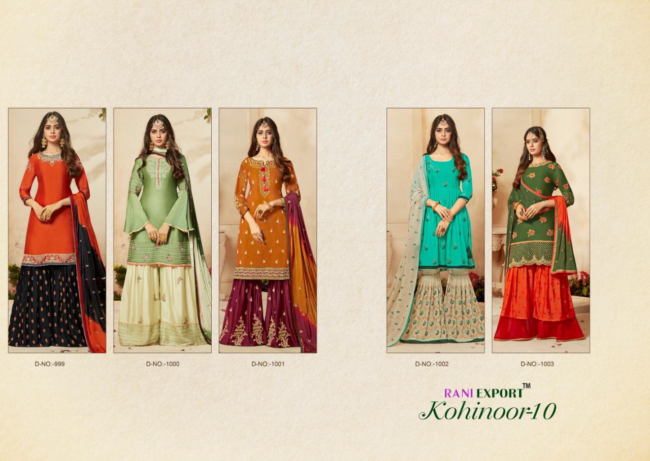 Kohinoor Vol-10 By Rani Exports 999 To 103 Series Indian Traditional Wear Collection Beautiful Stylish Fancy Colorful Party Wear & Occasional Wear Satin Georgette And Dulla Silk Embroidery Work Dresses At Wholesale Price