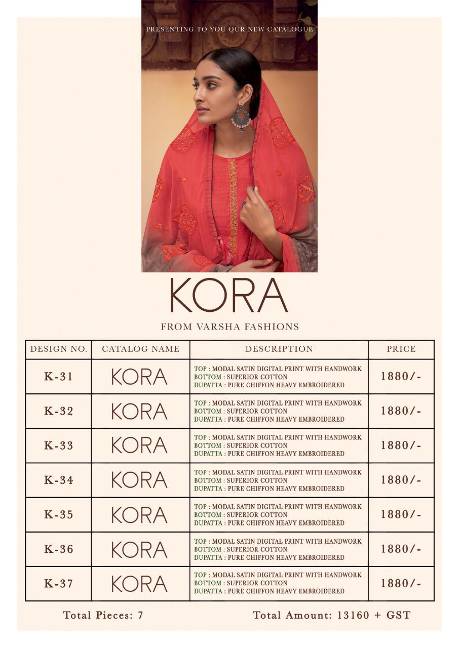 Kora By Varsha Fashion K-31 To K-37 Series Designer Suits Collection Beautiful Stylish Fancy Colorful Party Wear & Occasional Wear Stain Digital Print With Hand Work Dresses At Wholesale Price