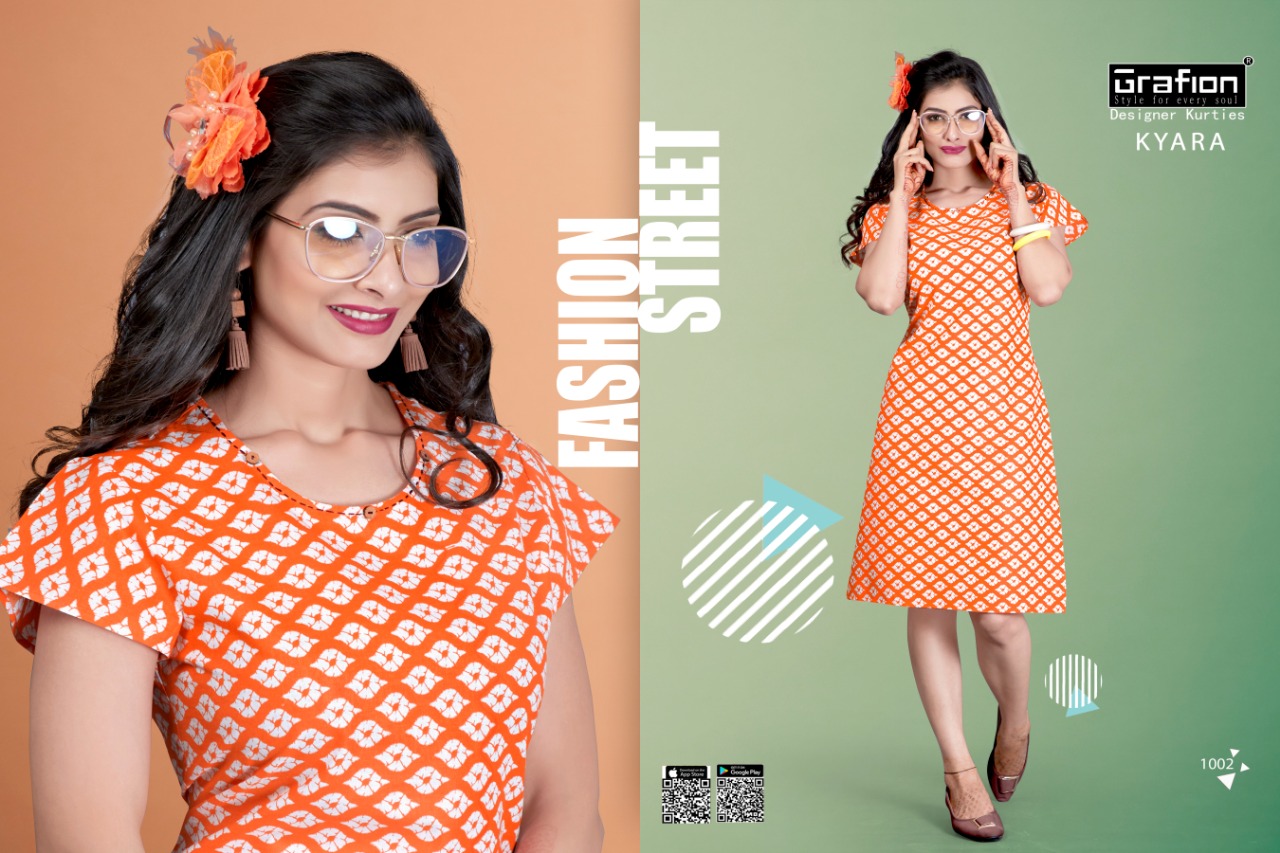 Kyara By Grafion 1001 To 1012 Series Beautiful Stylish Colorful Fancy Casual Wear & Ethnic Wear & Ready To Wear Pure Cotton Printed Kurtis At Wholesale Price