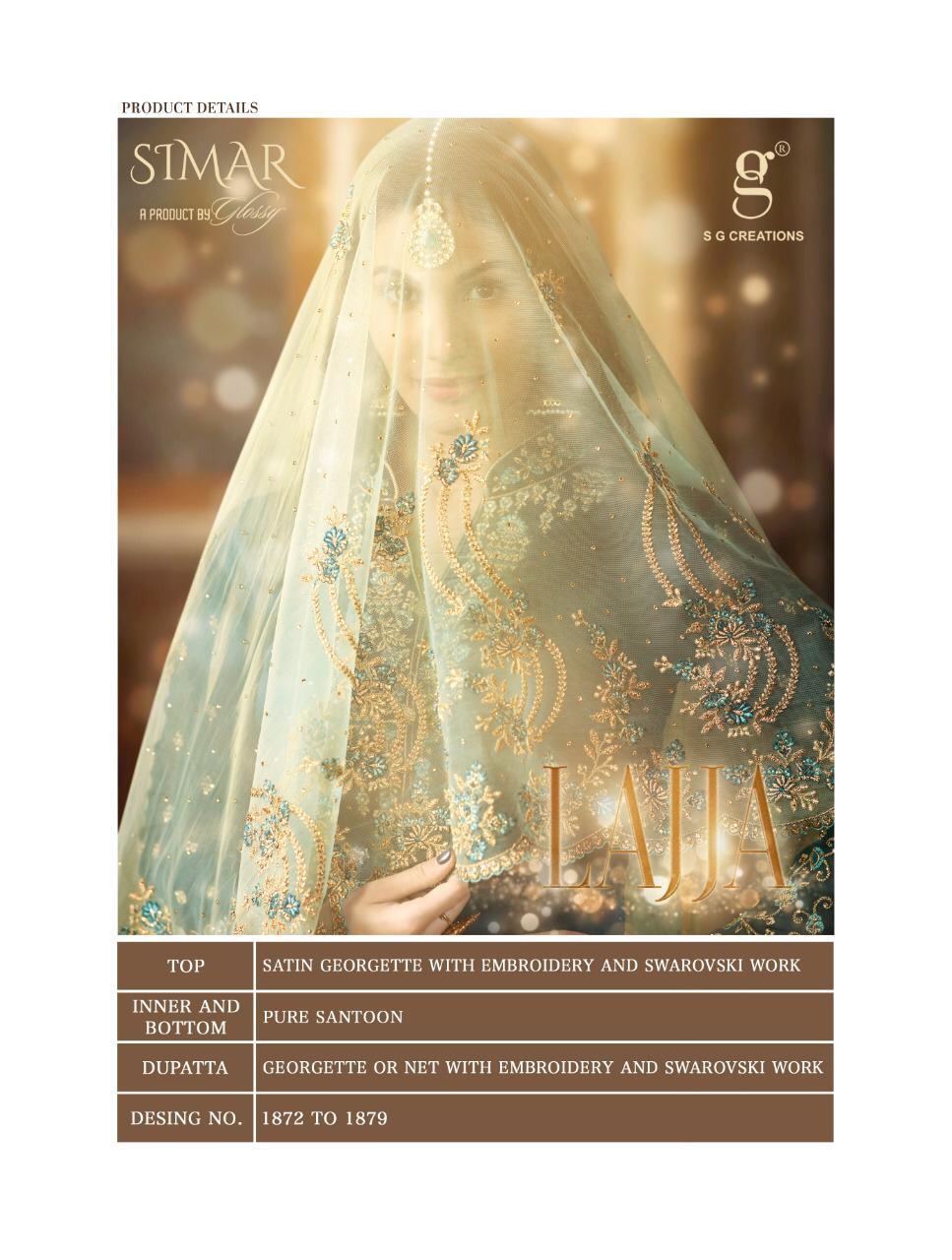 Lajja By Glossy 1872 To 1879 Series Designer Sharara Suits Beautiful Stylish Fancy Colorful Party Wear & Ethnic Wear Satin Georgette With Embroidery Dresses At Wholesale Price