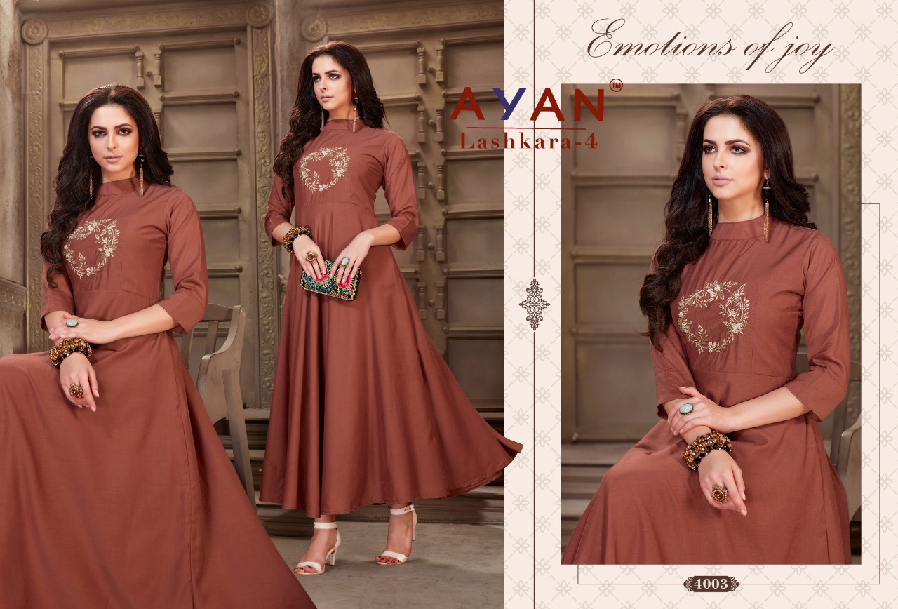Lashkara Vol-4 By Ayan 4001 To 4004 Series Beautiful Stylish Colorful Fancy Party Wear & Ethnic Wear & Ready To Wear Muslin Embroidered Kurtis At Wholesale Price