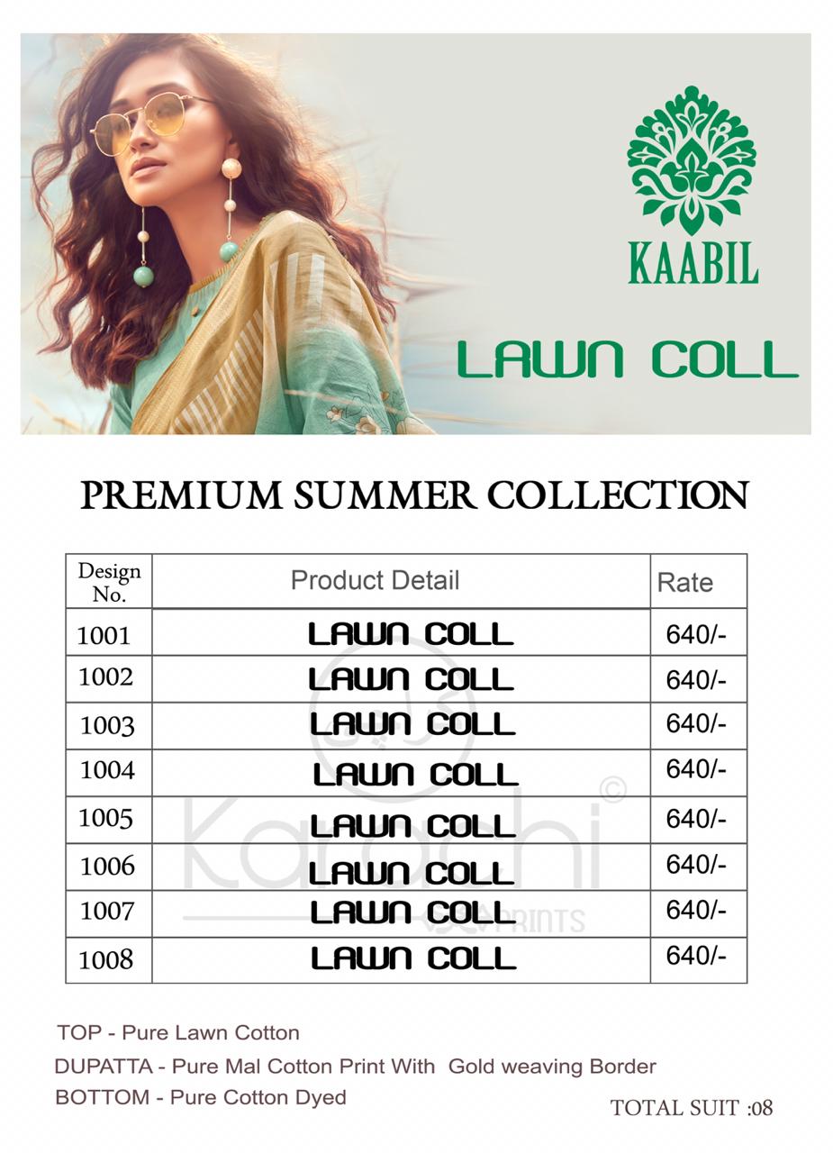 Lawn Coll By Kaabil 1001 To 1008 Series Beautiful Suits Stylish Colorful Fancy Casual Wear & Ethnic Wear Pure Lawn Cotton Printed Dresses At Wholesale Price