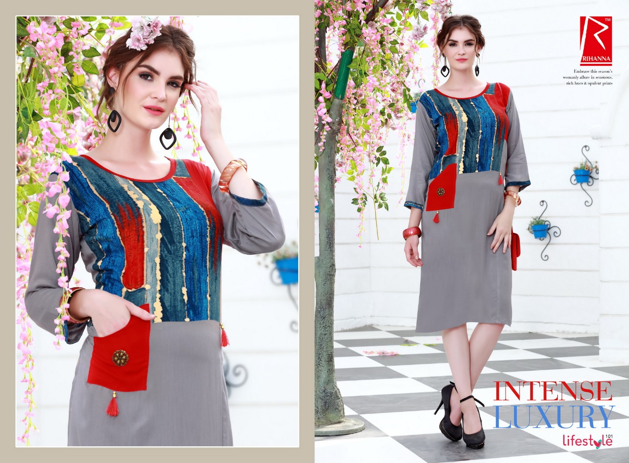 Lifestyle By Rihanna 101 To 110 Series Beautiful Stylish Fancy Colorful Casual Wear & Ready To Wear & Ethnic Wear Heavy Rayon Printed Kurtis At Wholesale Price