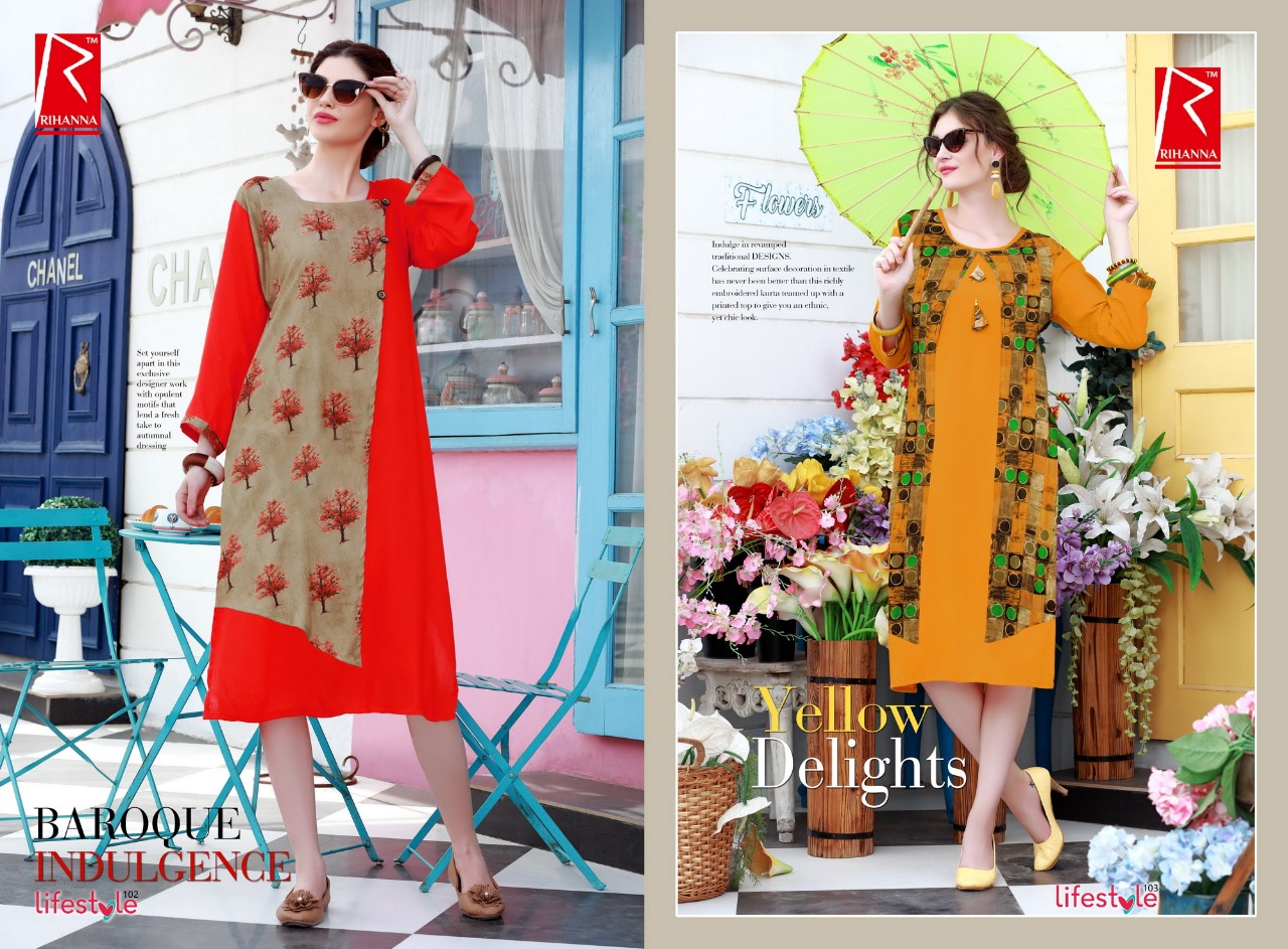 Lifestyle By Rihanna 101 To 110 Series Beautiful Stylish Fancy Colorful Casual Wear & Ready To Wear & Ethnic Wear Heavy Rayon Printed Kurtis At Wholesale Price