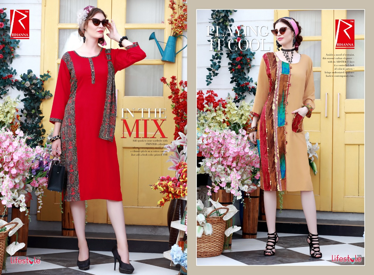 Lifestyle By Rihanna 101 To 110 Series Beautiful Stylish Fancy Colorful Casual Wear & Ready To Wear & Ethnic Wear Heavy Rayon Printed Kurtis At Wholesale Price