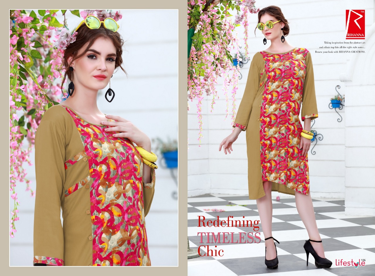 Lifestyle By Rihanna 101 To 110 Series Beautiful Stylish Fancy Colorful Casual Wear & Ready To Wear & Ethnic Wear Heavy Rayon Printed Kurtis At Wholesale Price