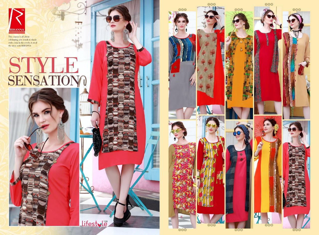 Lifestyle By Rihanna 101 To 110 Series Beautiful Stylish Fancy Colorful Casual Wear & Ready To Wear & Ethnic Wear Heavy Rayon Printed Kurtis At Wholesale Price