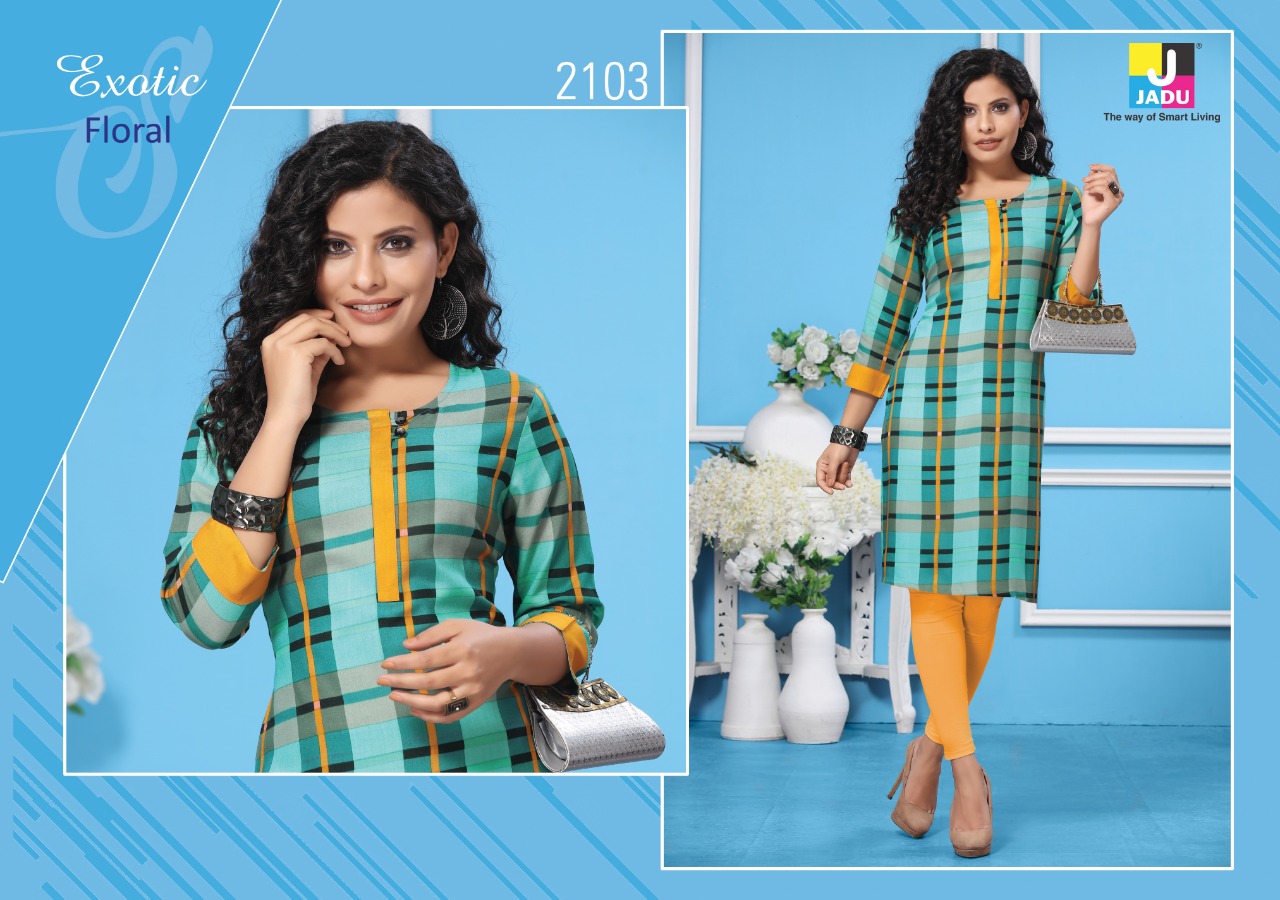 Lily By Jadu 2101 To 2108 Series Beautiful Colorful Stylish Fancy Casual Wear & Ethnic Wear & Ready To Wear Heavy Rayon Kurtis At Wholesale Price