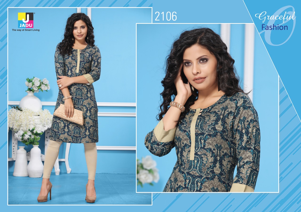 Lily By Jadu 2101 To 2108 Series Beautiful Colorful Stylish Fancy Casual Wear & Ethnic Wear & Ready To Wear Heavy Rayon Kurtis At Wholesale Price